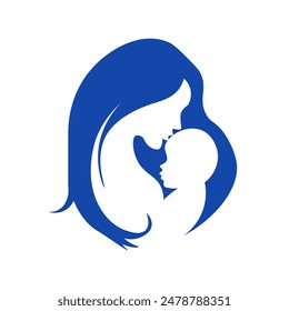 Motherhood vector icon. Mother love child concept. Mom holding baby kid on hand blue illustration. Maternal Symbol. Mom baby Vector Silhouette.