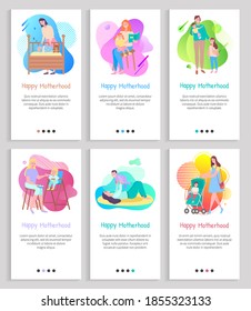 Motherhood vector, mom with kid reading book to daughter and feeding toddler, newborn baby in perambulator, maternal child laying in cradle. Website or slider app, landing page flat style
