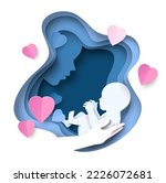 Motherhood vector. Mother love child concept. Paper cut art background with mom holding baby kid on hand illustration. Greeting gift card or banner template for holiday celebration