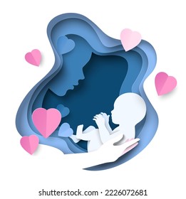 Motherhood vector. Mother love child concept. Paper cut art background with mom holding baby kid on hand illustration. Greeting gift card or banner template for holiday celebration