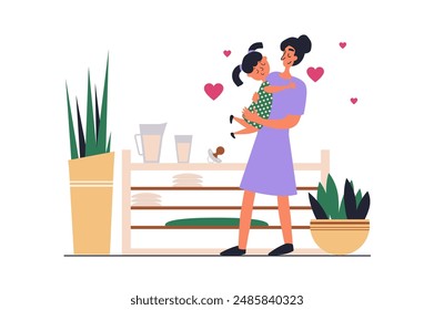 Motherhood web concept with people scene in flat design. Happy mother holding and hugging little daughter, enjoys maternity and relationship. Vector illustration with character situation for web