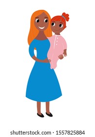 Motherhood. A woman in a dress hugs a child. Cute illustration. Vector. Adoption. Afro american family.