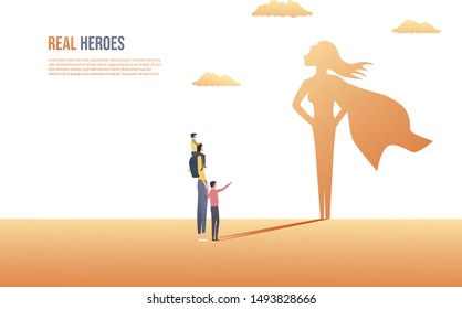 Motherhood and woman superhero vector concept illustration with mother and two sons looking and superhero shadow. Symbol of woman power, parenting, care. Eps10 illustration.