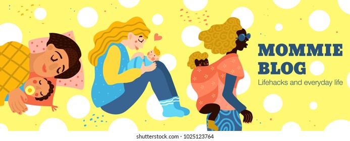 Motherhood, women and babies, mommies blog, header on yellow background with white circles, hand drawn vector illustration