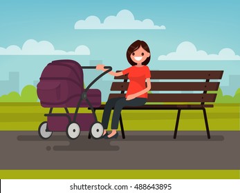 Motherhood. Young mother sitting on a bench with a pram in the park. Vector illustration of a flat design