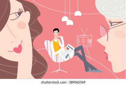 Mother-in-law and and daughter relationship. Vector illustration. Wife, husband and mother.