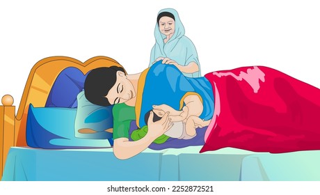 Mother-in-law taking care of newborn maternity wife - illustration