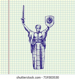 The Motherland Monument, Rodina-Mat KIEV, UKRAINE. Vector Illustration, hand drawn, ball pen drawing in copy book