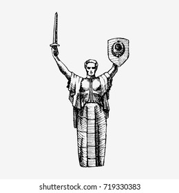 The Motherland Monument, Rodina-Mat KIEV, UKRAINE. Vector Illustration, hand drawn, black and white drawing