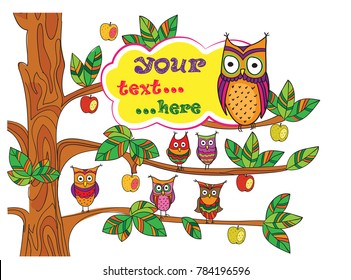 A mother-owl with small children is sitting on a tree. There is a tag for your text. Funny children's style, hand-drawn sketch.