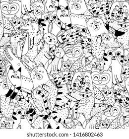 Mothers and babies coloring page. Black and white seamless pattern with doodle animals. Vector illustration