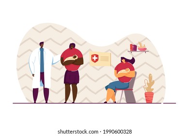 Mothers with babies consulting pediatrician. Woman holding child and waiting in line for appointment flat vector illustration. Healthcare, medicine, children concept for banner, website design