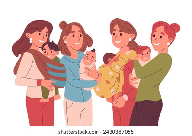 Mothers with babies. Female parents with cute kids, moms carrying newborn kids and toddlers flat vector illustration. Motherhood concept on white