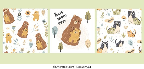 Mothers and babies seamless patterns collection. Backgrounds with cute bears and cats. Best Mom Ever card. Vector illustration