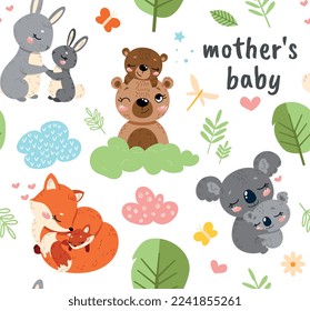 Mothers with baby seamless pattern. Repeating design element for printing on fabric. Fox, bear, hare and koala. Love, care and tenderness. Animals hugging concept. Cartoon flat vector illustration