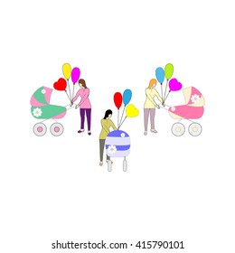mothers with balloons and strollers illustration