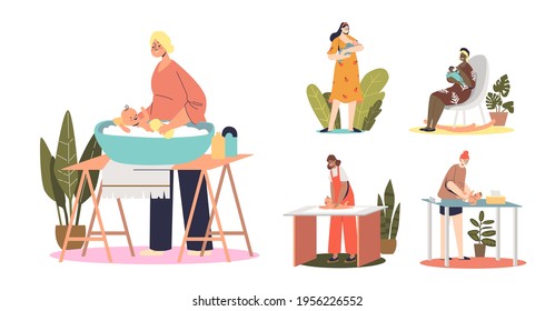 Mothers Caring Of Newborn Baby Kids: Washing, Doing Massage, Changing Diaper, Breastfeeding And Feeding From Bottle. Parent And Motherhood Activities Concept. Flat Vector Illustration