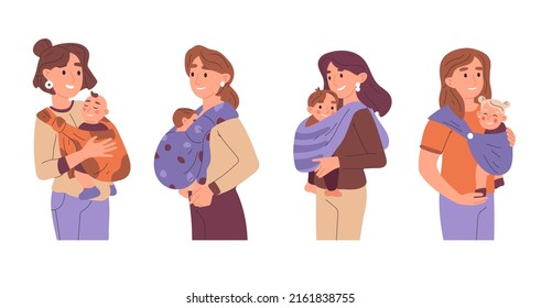 Mothers carrying kids in baby sling. Moms and newborn babies, cute toddlers sleeping in sling vector illustration. Cartoon loving, caring mothers