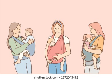 Mothers carrying their kids in slings lifestyle concept. Positive young women mothers carrying their reborn children in cotton sling, babies feeling love and protection from mother vector illustration