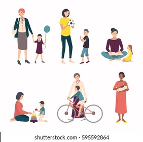 Mothers with children, baby. Set with various characters in games, walk, training. Colorful flat illustrations.