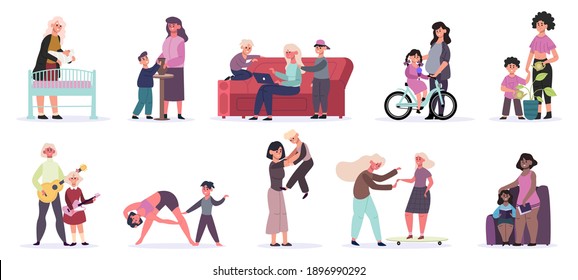 Mothers and children. Motherhood daily activities, mom and kids reading book, playing and skating. Happy mothers with children vector illustration set. Cheerful pastime, doing sport exercise