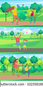 Mothers and children in park collection of vector illustration. Adult females and young kids playing badminton, catching butterflies and rollerblading