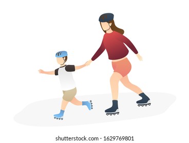 mothers and children playing roller skates and holding hands. family scenes, good parenting, good nurturing, bonding, trust and support between parents and children. flat vector illustration