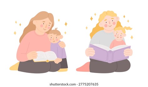 Mothers and children read book sitting on the floor. Woman and boy and girl with fairy tale books. Cute flat vector illustrations. Parent instills a love of reading