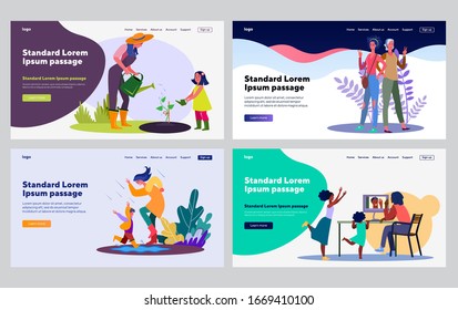 Mothers and children spending time together set. Mom and kid gardening, walking in rain, having fun. Flat vector illustrations. Leisure, family concept for banner, website design or landing web page