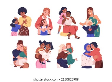 Mothers   daughters set  Happy moms   girls kids hugging  laughing  smiling together  Love  friendship  unity diverse mums   children  Flat vector illustrations isolated white background