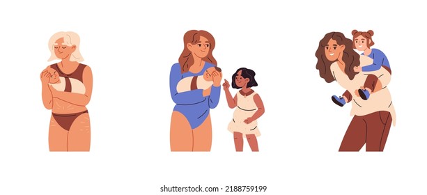 Mothers and daughters set. Unity of mums and daughters. Children of different ages with happy mothers feeling love . Mother's care concept. Flat vector illustrations