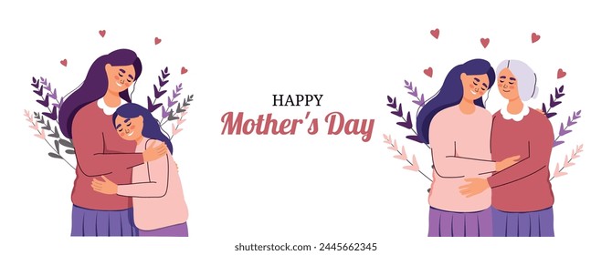 Mother's Day. 12 May. Vector. Set of characters. An elderly woman, a girl, a child. Hug and care. Support from family members. Generation in trendy flat style. Flowers and plants. Embrace. Isolated