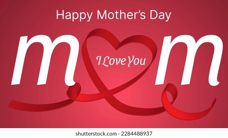 mother's day 3d realistic background illustration with red heart shaped ribbon vector