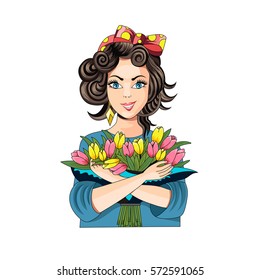 Mothers day 8 of March greeting card with beautiful girl and a bouquet of spring flowers - vector illustration