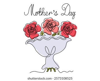 Mother's Day. Abstract bouquet of roses, continuous single one line art hand drawing sketch logo