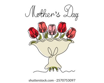 Mother's Day. Abstract bouquet of tulips flower, continuous single one line art hand drawing sketch logo