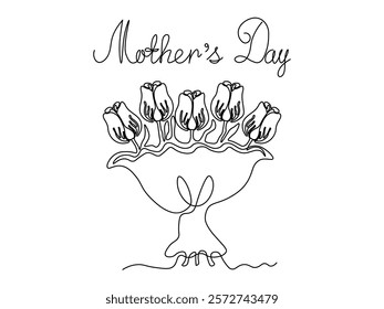 Mother's Day. Abstract bouquet of tulips flower, continuous single one line art hand drawing sketch logo