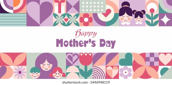 Mother's day abstract geometric mosaic background with mom and kids, flowers, hearts, simple forms and text. Modern vector horizontal llustration for banner, social media. Swiss style. Neo geo art.