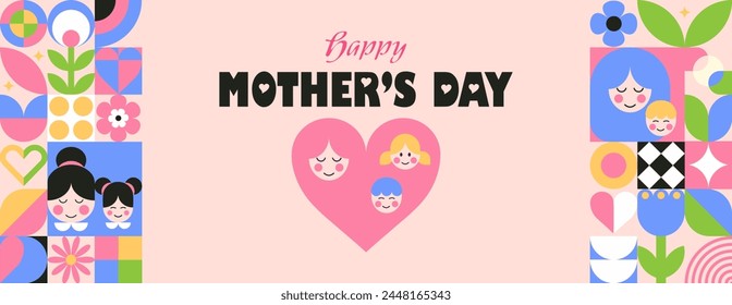 Mother's day abstract geometric mosaic background with mom and kids, flowers, hearts, simple forms and text. Modern vector horizontal llustration for banner, social media. Swiss style. Neo geo art.