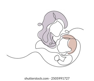 Mother's Day abstract minimalistic modern line art. Continuous line Mother caring baby, Mom hugging child, And geometric background. Motherhood and newborn concept. Design for greeting cards, banners,