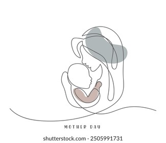 Mother's Day abstract minimalistic modern line art. Continuous line Mother caring baby, Mom hugging child, And geometric background. Motherhood and newborn concept. Design for greeting cards, banners,