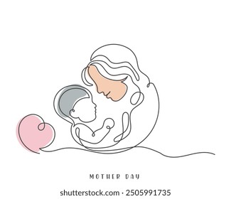 Mother's Day abstract minimalistic modern line art. Continuous line Mother caring baby, Mom hugging child, And geometric background. Motherhood and newborn concept. Design for greeting cards, banners,