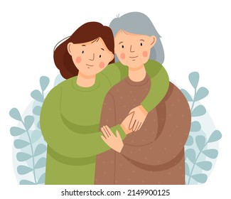 Mothers Day. An adult daughter and an old mother embrace each other. Vector flat illustration.