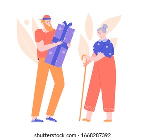 Mothers Day. An adult son gives a gift box to his elderly mother. Happiness and family. Vector flat illustration