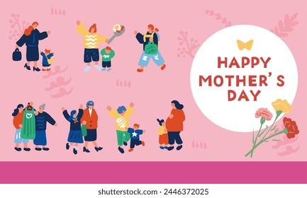 Mother's Day advertising design Illustration of parent and child and carnations