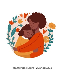 Día de la madre. Mujer afroamericana con niña, flores, ramas, corazones alrededor. Madre sosteniendo a su hija. Maternidad, licencia de maternidad, cuidado del bebé, familia feliz, concepto de madre soltera. Vector plano