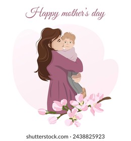 Mothers Day. The baby is in mom's arms. A postcard to Mom. Apple blossoms. Spring. Women's day	