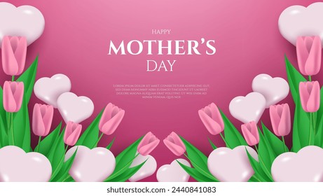 mother's day background with 3d pink tulips and white heart shapes.vector illustration