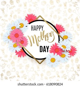  Mother's Day background with beautiful daisy flowers on the doodle pattern. Vector template for cards, wallpaper, flyers, invitation, posters, brochure, discount voucher, banner