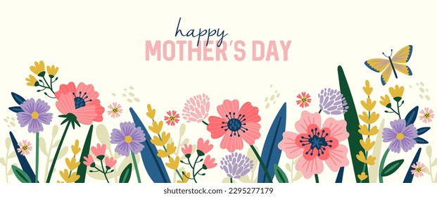 Mother's day background with cute floral border. Childish print for greeting card and poster. Vector illustration